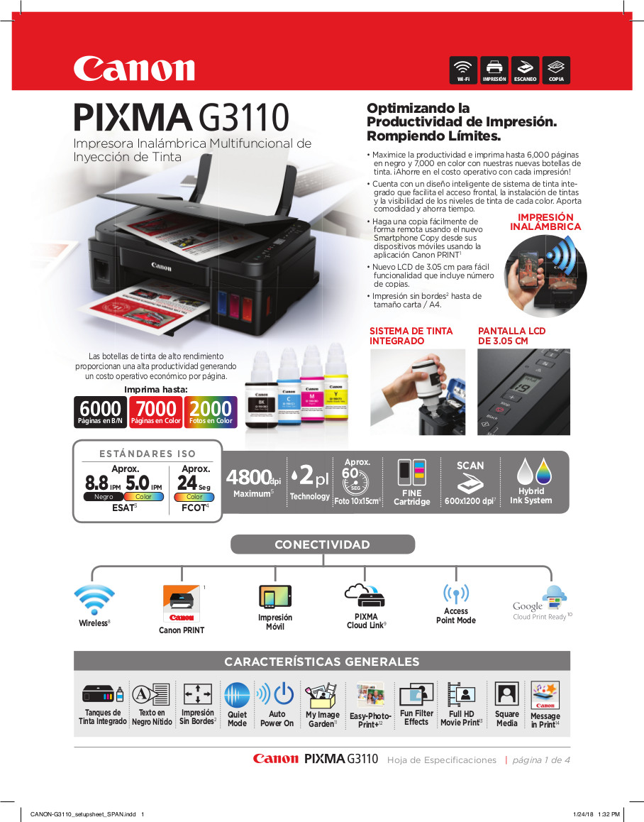 Impresora Multifunción Canon Pixma G3110 WiFi Sistema Continuo - PcService