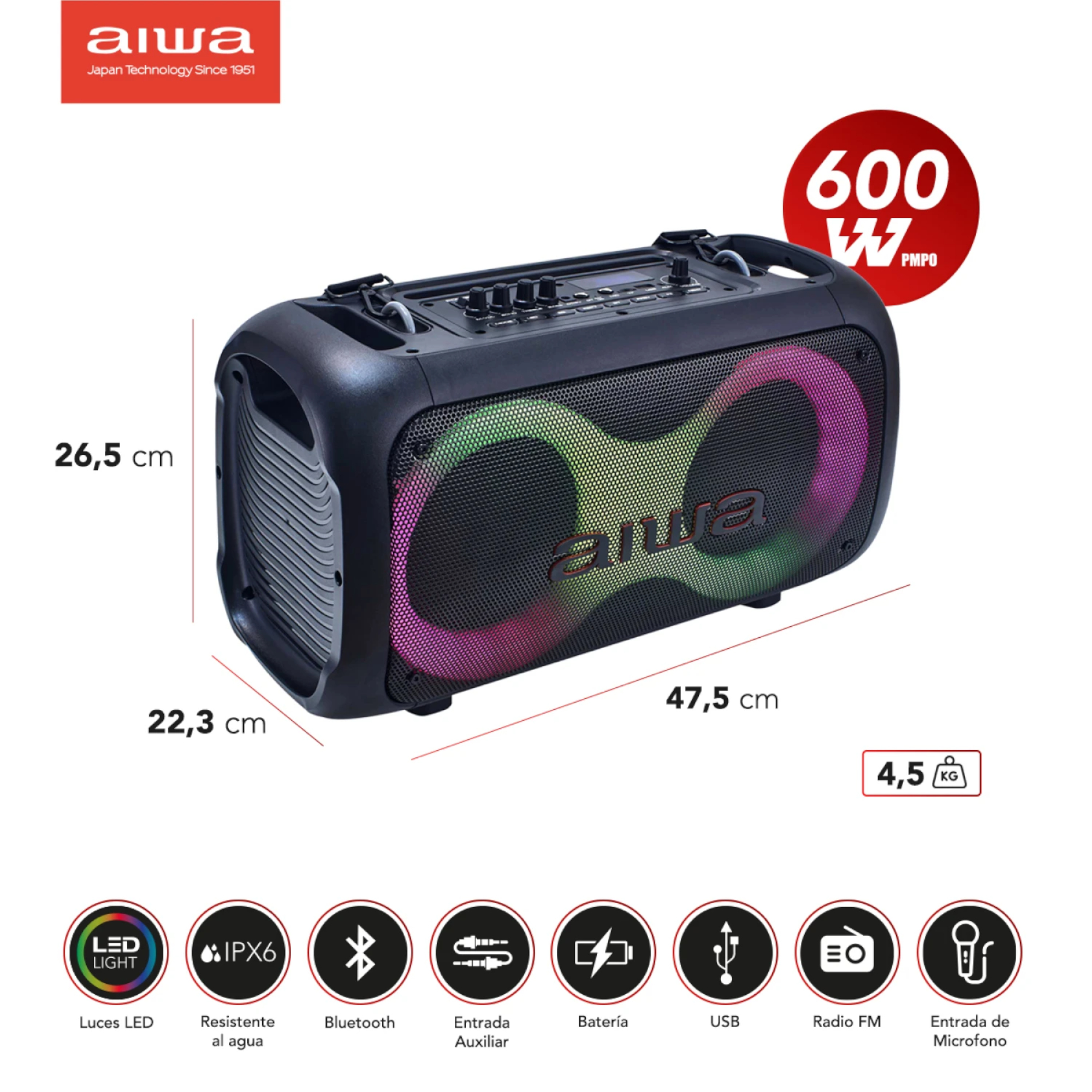 Parlante Inalámbrico Bt Aiwa Awpoh35 Plus 600w Led Ipx6